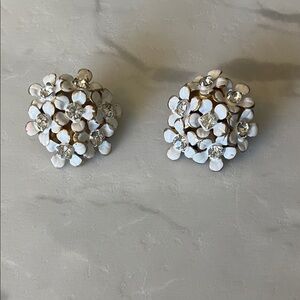 Vintage Sandor White Enamel Flowers Clear Rhinestones Clip On Earrings